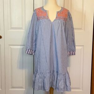 J.‎ Crew Blue White Striped Coral Floral Embroidery Dress Small Medium